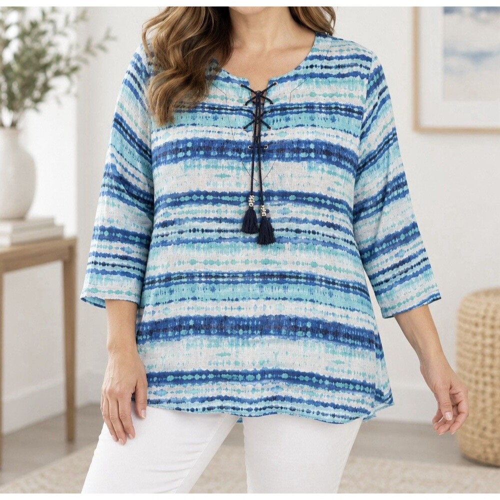 Ruby Rd Womens Blue Aqua Boho Tunic Top Lace Up Tassel 3/4 Sleeve Plus Size